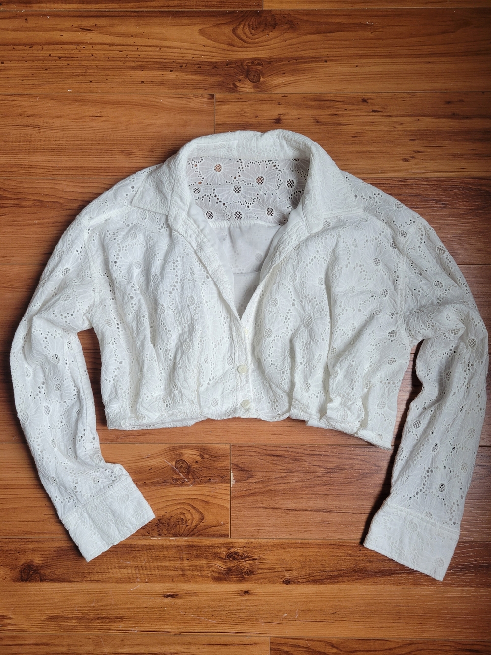 Cropped White Eyelet Lace Button Jacket